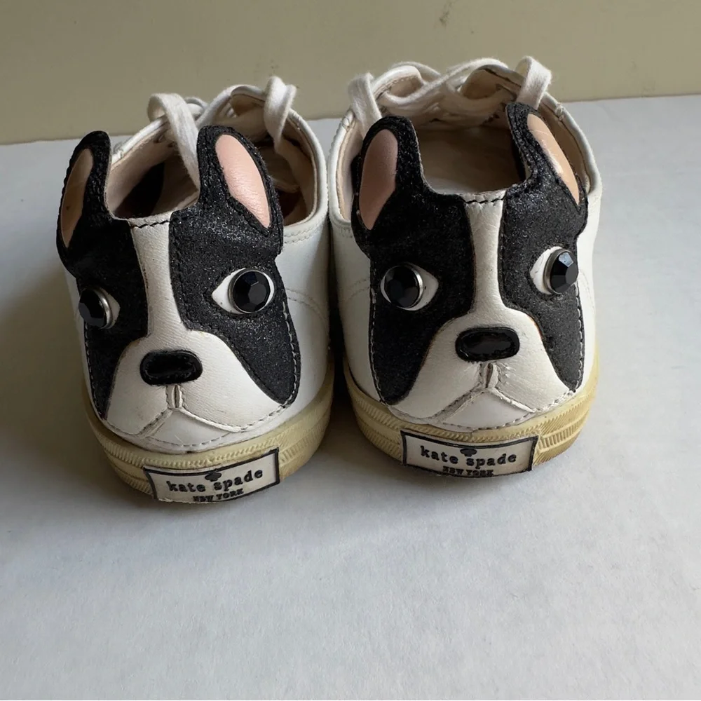 Kate Spade Lucie White Leather French Bulldog Novelty Sneakers Size 5 1/2